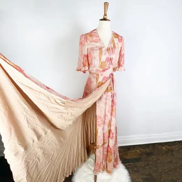 Reformation Pink floral maxi wrap short sleeve dress Julienne Size Medium - Picture 3 of 9